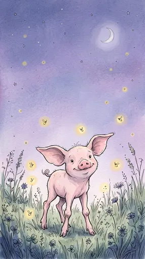 Watercolor Piglet in Nighttime Meadow