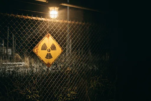 Radioactive Warning Sign on Fence at Night