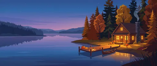 Autumn Lakeside Cabin at Twilight Illustration