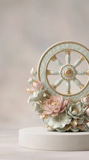 Porcelain Dharmachakra Wheel and Lotus Sculpture