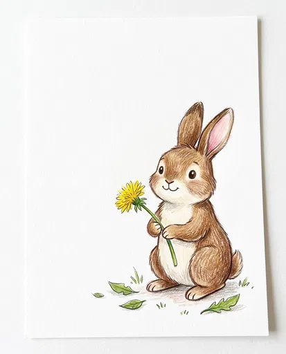 Colored Pencil Bunny Holding Yellow Dandelion