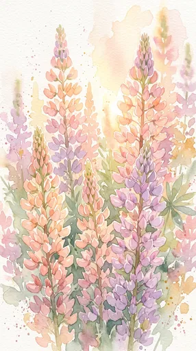 Pastel Watercolor Lupine Flowers Illustration