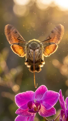 Hummingbird Hawk-Moth Hovering Over Pink Orchid
