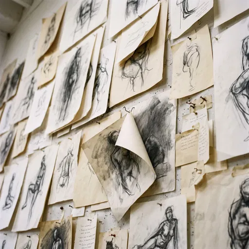 Studio Wall of Charcoal Figure Sketches