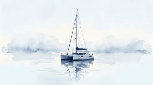Indigo Watercolor Catamaran on Calm Water