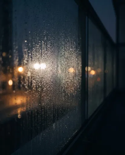 Dew Droplets on Dark Glass Window