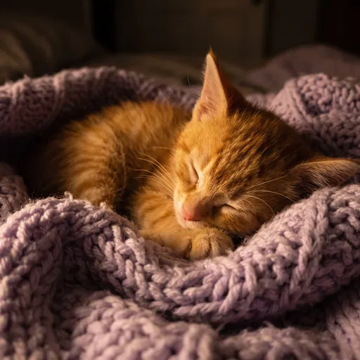 Sleeping Ginger Kitten in Lavender Blanket