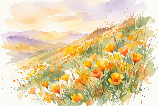 Watercolor California Poppies on Sunlit Hillside