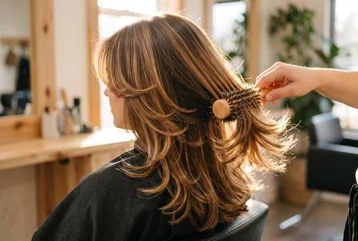 Stylist Brushing Layered Hair in Sunlit Salon