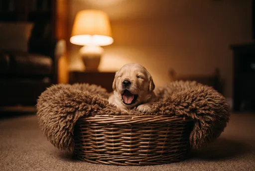 Yawning Golden Retriever Puppy in Basket