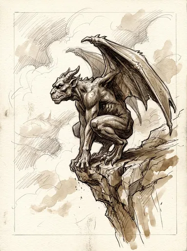 Sepia Ink and Pencil Gargoyle Study