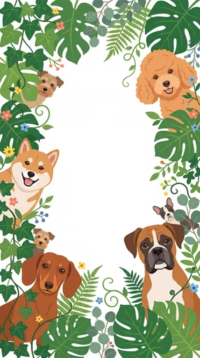 Dogs Peeking Through Leafy Green Border Frame