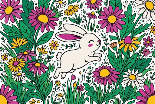Cartoon White Bunny Jumping Among Daisies