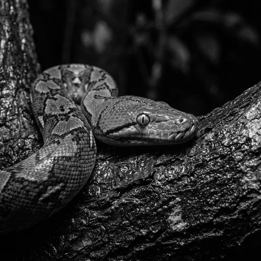 Monochrome Reticulated Python on Wet Bark