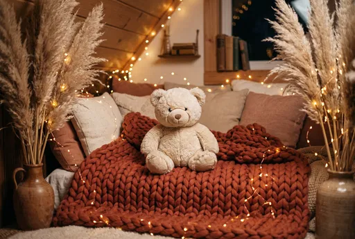 Teddy Bear on Chunky Knit Blanket