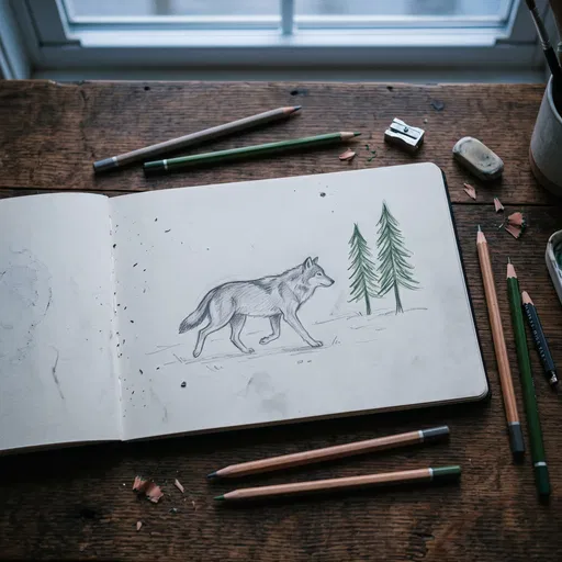 Sketchbook With Wolf And Pine Drawing