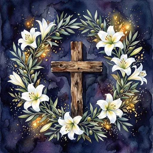 Watercolor Wooden Cross in Lily Wreath