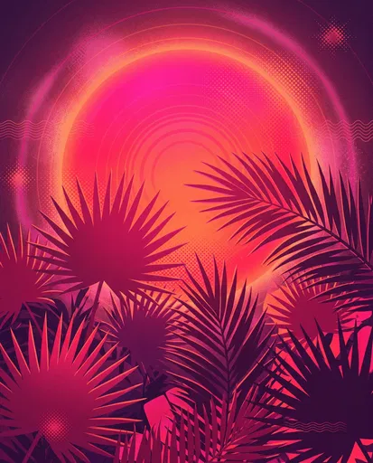 Retro Pink Tropical Sun and Palm Leaves