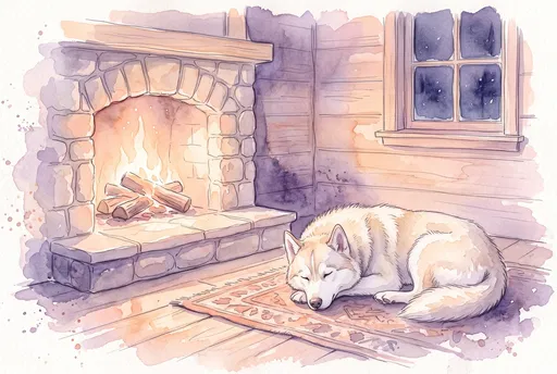Watercolor Husky Sleeping by Cabin Fireplace