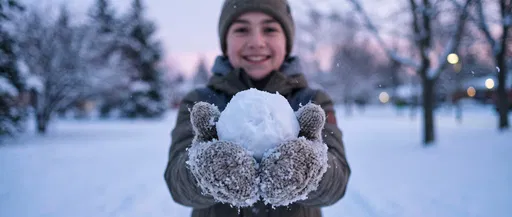 Teenager Holding Snowball at Blue Hour