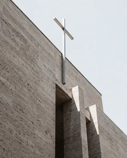 Modern Steel Cross on Travertine Facade