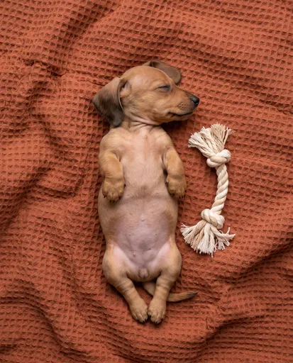 Sleeping Dachshund Puppy on Waffle Blanket