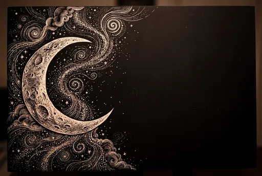 Scratchboard Crescent Moon and Swirling Stardust