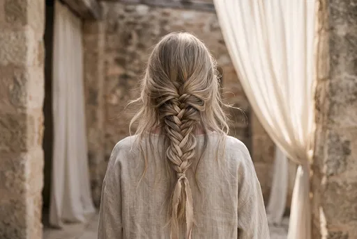 Woman With Blonde Braided Hair From Behind