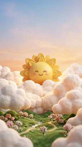 Smiling 3D Sun Over Miniature Valley