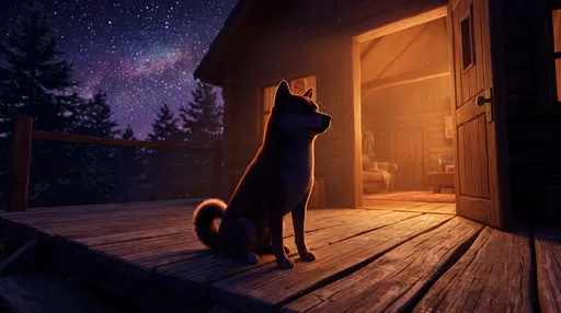 Shiba Inu on Cabin Deck at Night
