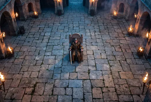 King on Throne in Stone Courtyard
