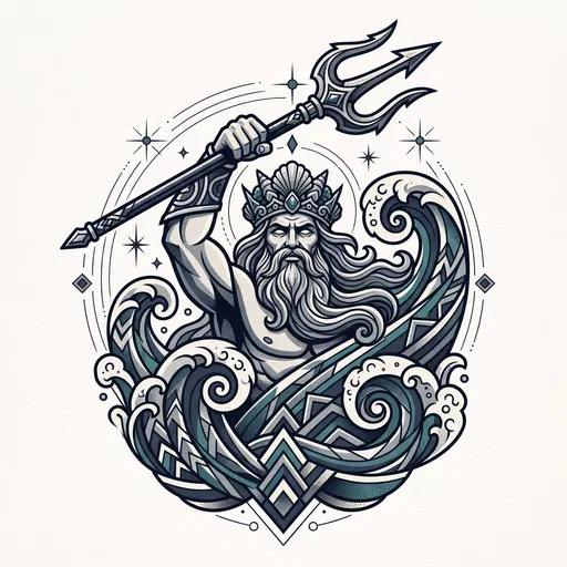 Geometric Poseidon with Trident Tattoo Illustration
