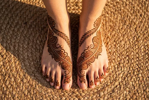 Feet with Arabic Mehndi on Jute Mat