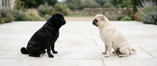 Black and Cream Pugs Facing Each Other