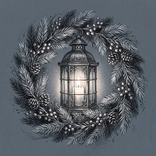 Charcoal Drawing of Lantern in Christmas Wreath