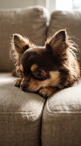 Long Haired Chihuahua Resting on Sofa