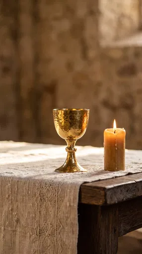 Gold Chalice and Lit Candle on Altar