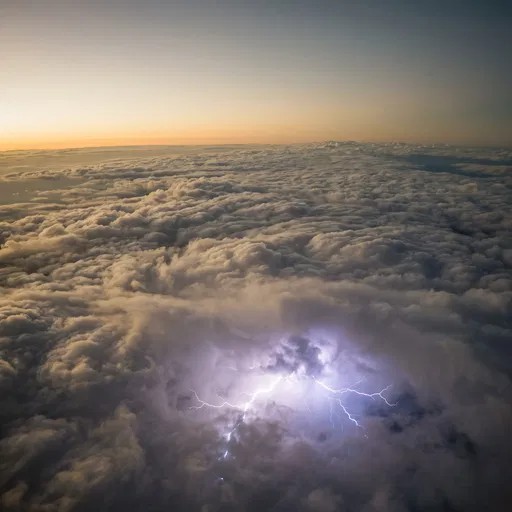 Aerial Cloud Deck with Lightning at Sunset