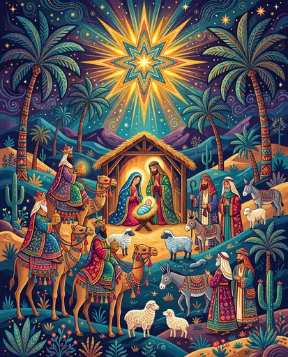 Vibrant Folk Art Christmas Nativity Scene