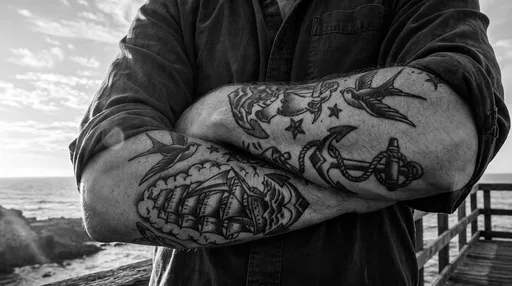 Monochrome Crossed Forearms With Nautical Tattoos