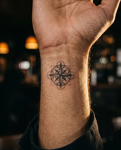 Geometric Compass Rose Tattoo on Wrist