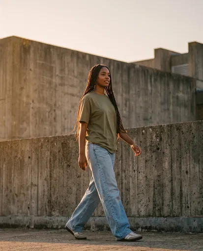 Young Woman Walking Past Concrete Wall