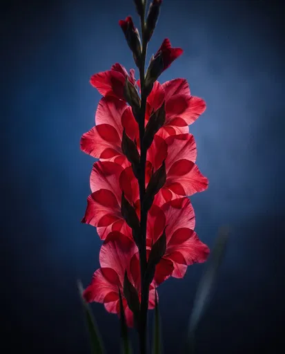 Backlit Crimson Gladiolus on Blue