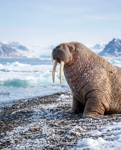 Walrus Resting on Frosty Arctic Beach