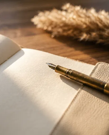 Brass Fountain Pen on Blank Cream Journal