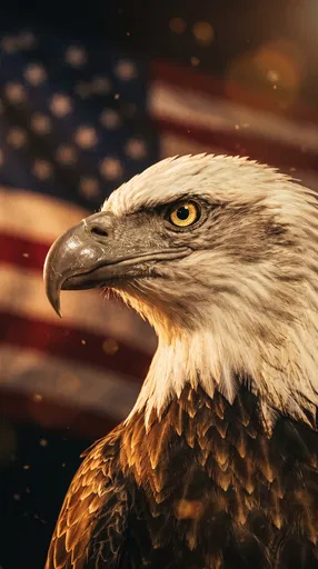 Bald Eagle Profile Against Blurred American Flag