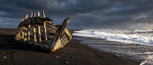 Weathered Wooden Shipwreck on Black Sand Beach