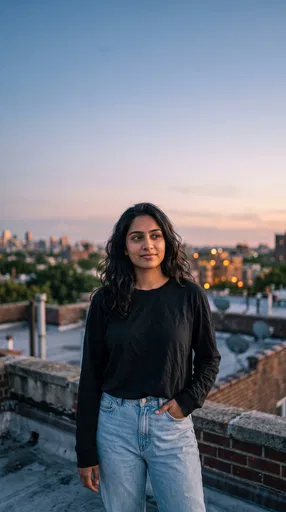 Woman on Urban Rooftop at Dusk