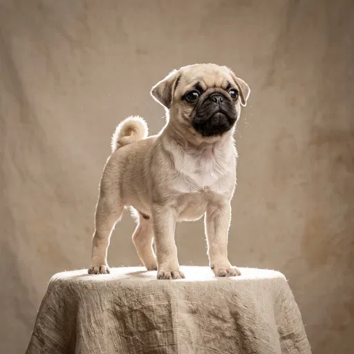 Cream Pug Puppy on Linen Pedestal