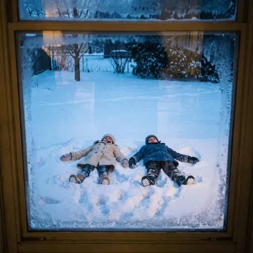 Children in Snow Viewed Through Window